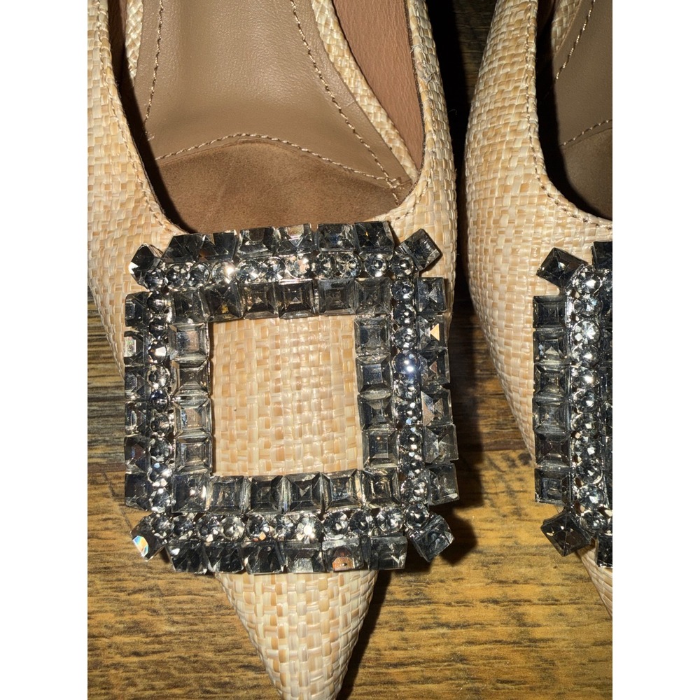 Bibi Lou Heel In Cream Raffia Crystal Buckle Kitten Heel Mules Pointed Toe 7.5 - Picture 3 of 16